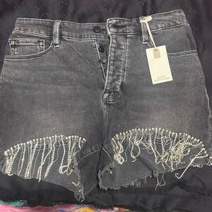 Good American Dark Gray Jean Shorts with Silver Fringe